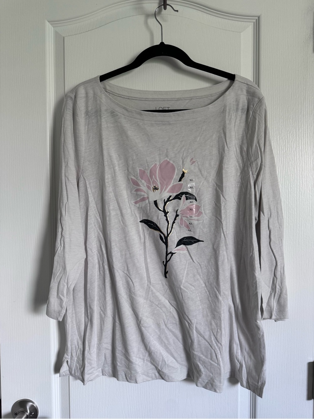 LOFT Light Gray Long Sleeve Top with Pink Floral Graphic